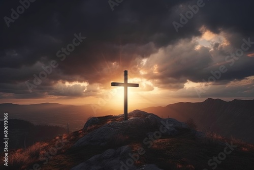 Cross on the top of the mountain with sunset background.Generative Ai