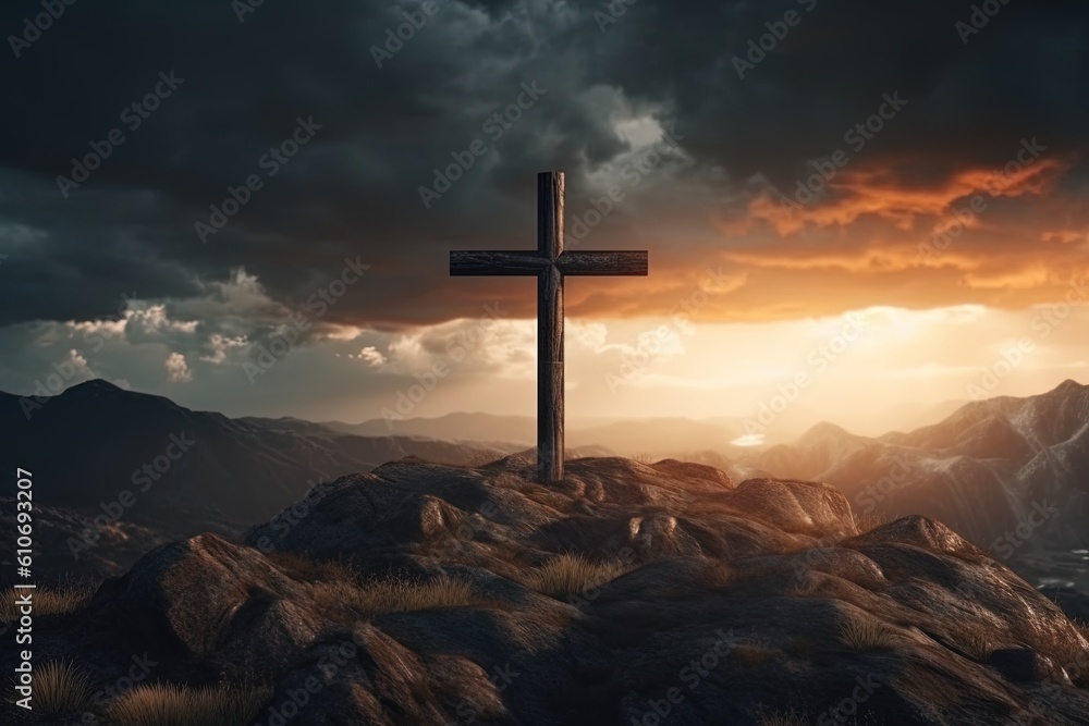 Cross on the top of the mountain with sunset background.Generative Ai Cross on the top of the mountain with sunset background.Generative Ai