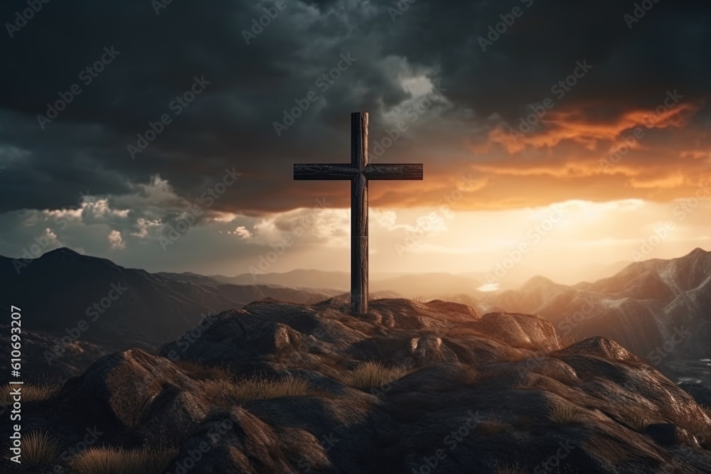 Cross on the top of the mountain with sunset background.Generative Ai