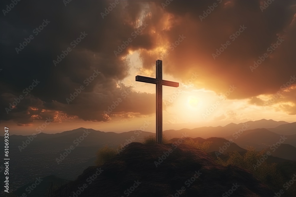 Cross on the top of the mountain with sunset background.Generative Ai