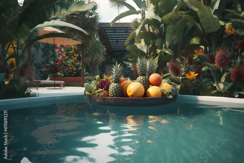 Generative AI illustration of fresh exotic fruits in tray floating on water in swimming pool at resort during sunny summer day photo