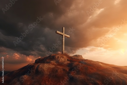 Cross on the top of the mountain with sunset background.Generative Ai © Rudsaphon