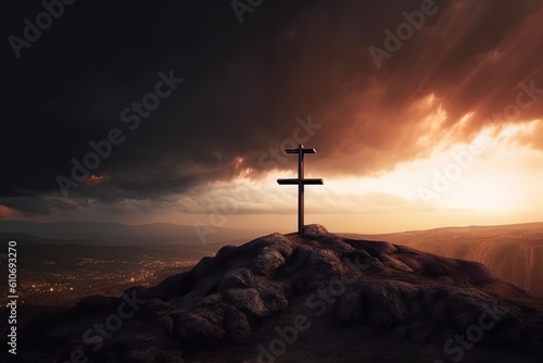 Cross on the top of the mountain with sunset background.Generative Ai
