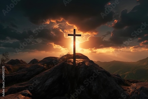 Cross on the top of the mountain with sunset background.Generative Ai