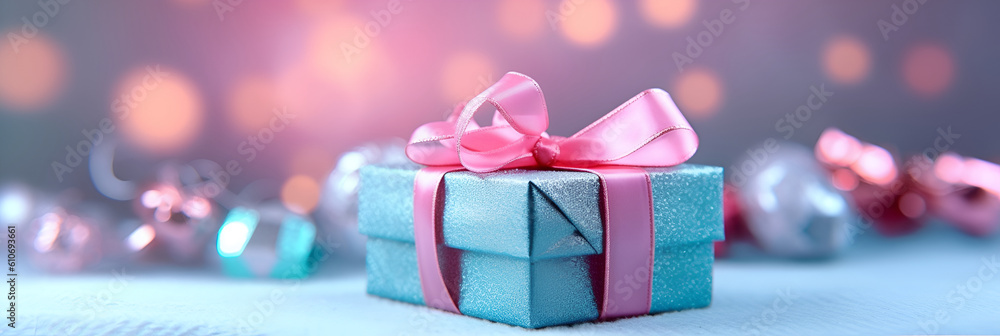 Bright Christmas present on a pink background and blurry lights. With Generative AI technology Bright Christmas present on a pink background and blurry lights. With Generative AI technology