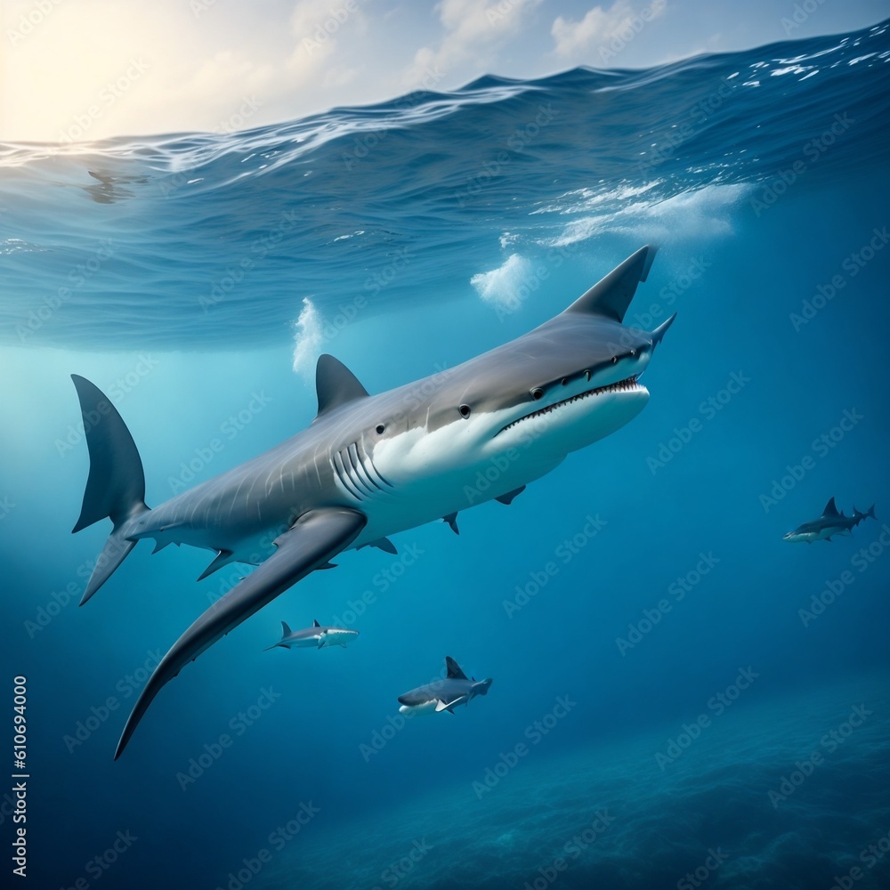 Oceanic Encounter: Hyper-Realistic 8K Shark in the Ocean Generated Ai