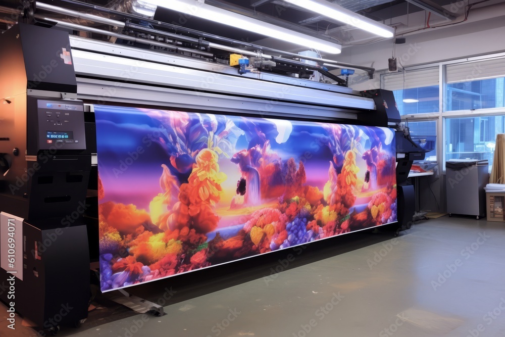 Fototapeta premium Ultra Wide-format inkjet printer printing machine during production of extreme large print. Generative Ai