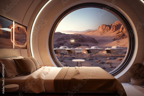 Spaceship Hotel Interior, Capsule Hostel, Abstract Generative AI Illustration