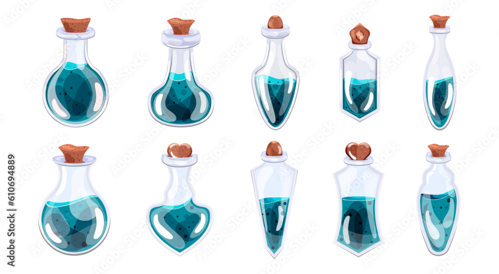 Set of bottles with blue potion and stopper in cartoon style. isolated. Vector stock illustration. Items for games. White background. Fairy tales. Halloween and holiday. beauty and fashion Set of bottles with blue potion and stopper in cartoon style. isolated. Vector stock illustration. Items for games. White background. Fairy tales. Halloween and holiday. beauty and fashion