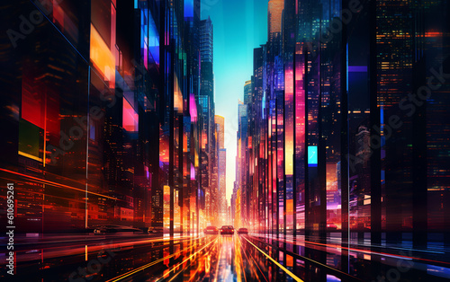 An illustration of a futuristic city at night and a sci-fi vision of a futuristic neon city with bright blue  purple and red lights every day. AI generated.