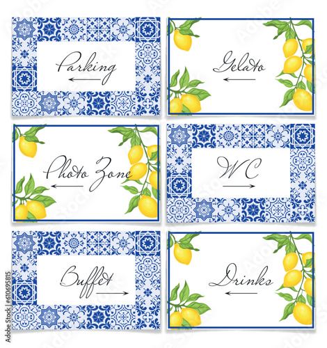 Blue tiles and lemon wedding signposts, vector 