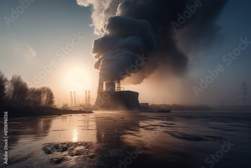 Generative AI illustration of industrial factory chimney emitting thick chemical gas smoke engulfing city buildings and surroundings of water photo
