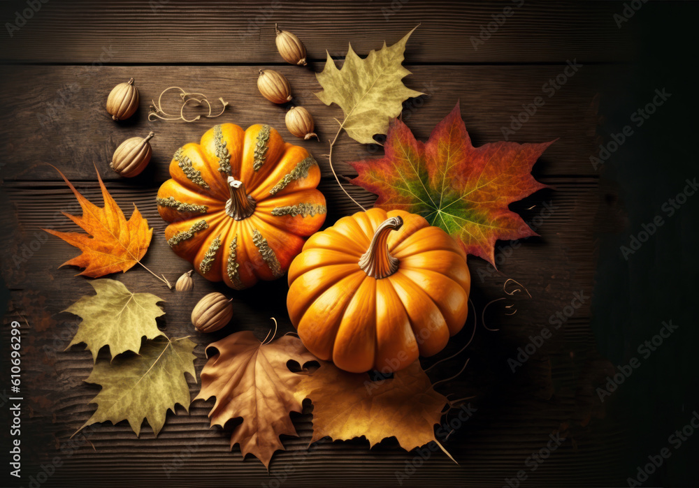 Autumn still life with pumpkin and Fall leaves on table, top view. Halloween flat lay. Generative AI Autumn still life with pumpkin and Fall leaves on table, top view. Halloween flat lay. Generative AI
