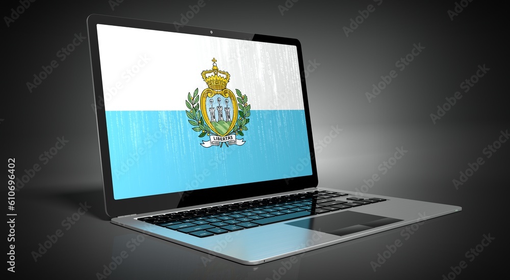 San Marino - country flag and binary code on laptop screen - 3D illustration San Marino - country flag and binary code on laptop screen - 3D illustration