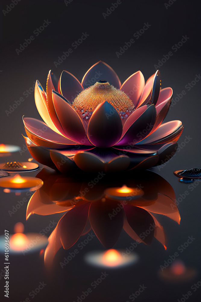 Lotus flower closeup with small raindrops on a reflective surface. Generative AI_8. Lotus flower closeup with small raindrops on a reflective surface. Generative AI_8.