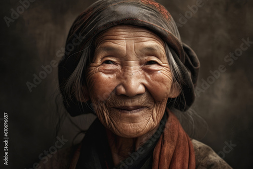 Generative AI illustration artwork of delighted senior indigenous Chinese woman with wrinkles in rustic clothes smiling and looking at camera