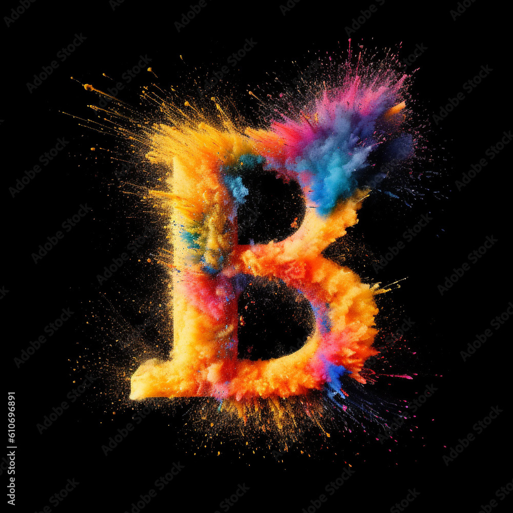 Generative ai. Capital letter alphabet holi colors powder splash on black background