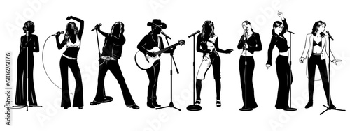 Singers Silhouette Set. Jazz, pop, rock, country, disco vocalists. Vector cliparts isolated on white.