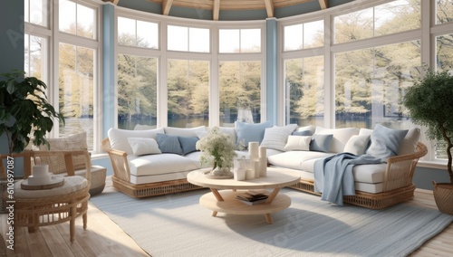 sun room inspiration white and blue living room decor in a spacious living room Generative AI © SKIMP Art