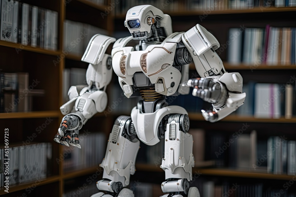 Robot on the background of bookshelves in the library. An AI robot librarian stocking books in a library, AI Generated