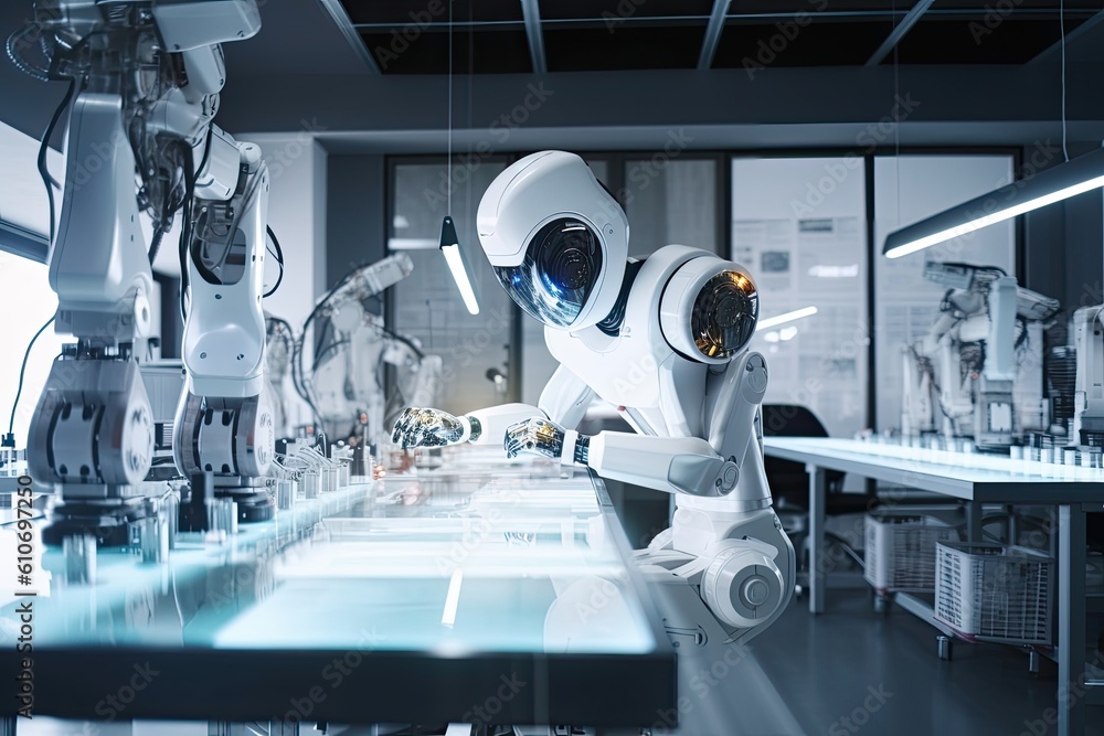 3d rendering robot working in the laboratory, artificial intelligence and machine learning concept, An AI robot scientist doing experiments in the laboratory, AI Generated