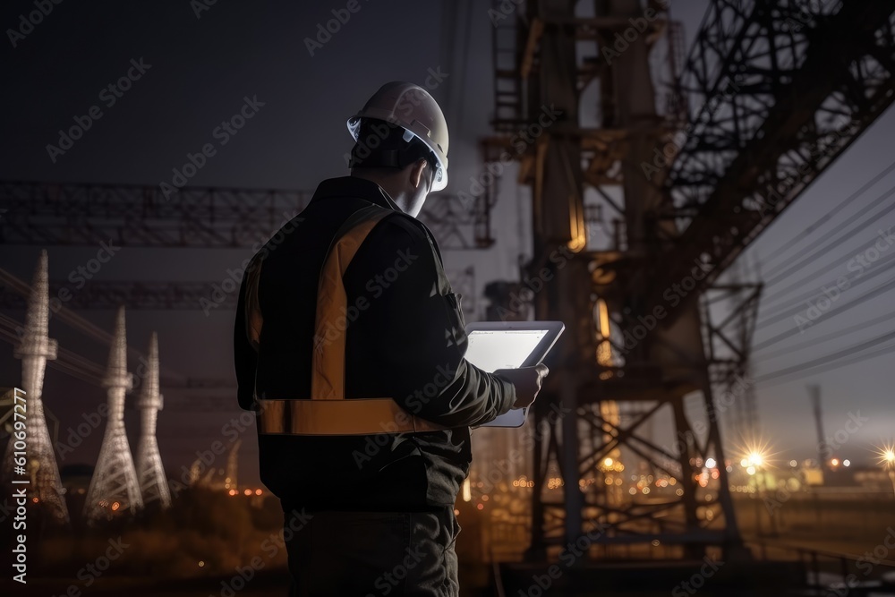 Engineer or Technician using digital tablet computer on construction site at night,with a circuit board and various electronic components Engineer or Technician using digital tablet computer on construction site at night,with a circuit board and various electronic components
