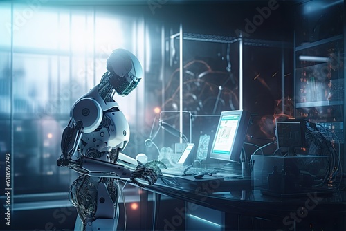 3d rendering humanoid robot working in modern office with computer. Mixed media, An AI robot scientist doing experiments in the laboratory, AI Generated