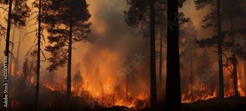 Forest fire, wildfire landscape natural disaster background banner panorama - Burning flames with smoke development and black silhouette of forest trees, Generative AI photo