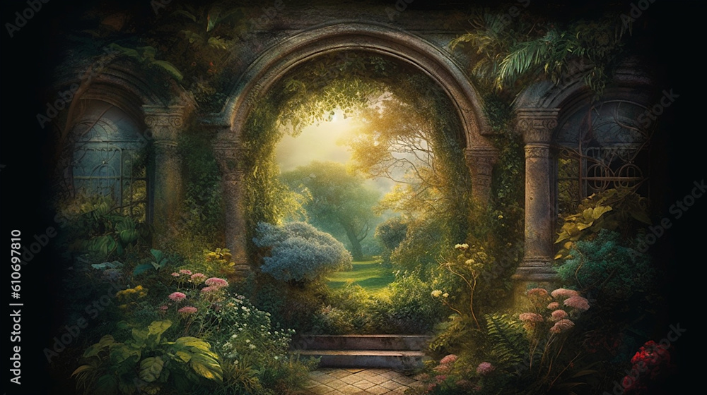 Entrance to the beautiful secret garden. AI illustration, fantasy digital, Generative AI Entrance to the beautiful secret garden. AI illustration, fantasy digital, Generative AI