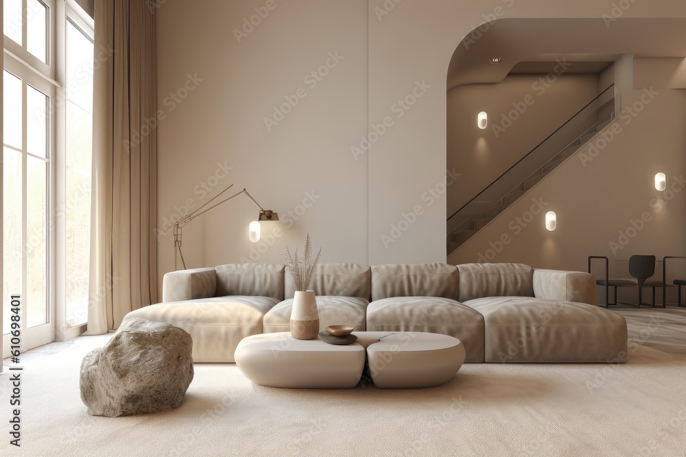Slow Living Light Modern Living Room Interior With Curved Walls And Organic Boulder Rock Structure On Light Flooring Made With Generative AI