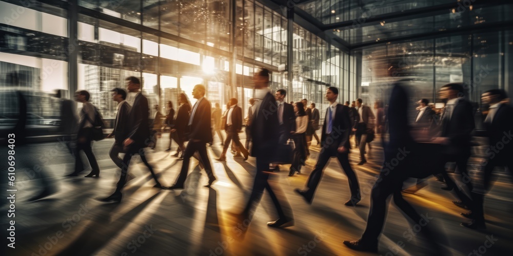 Blurred business people walking in the office corridor. blurred business people at a trade fair, generative ai Blurred business people walking in the office corridor. blurred business people at a trade fair, generative ai