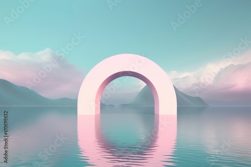 Surreal Futuristic Arch Structure with Pastel Sunset and Reflections Background Made with Generative AI