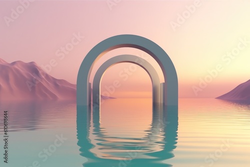 Surreal Futuristic Arch Structure with Pastel Sunset and Reflections Background Made with Generative AI