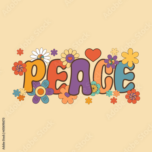Peace word with flowers, hippie floral clipart, isolated vector illustration