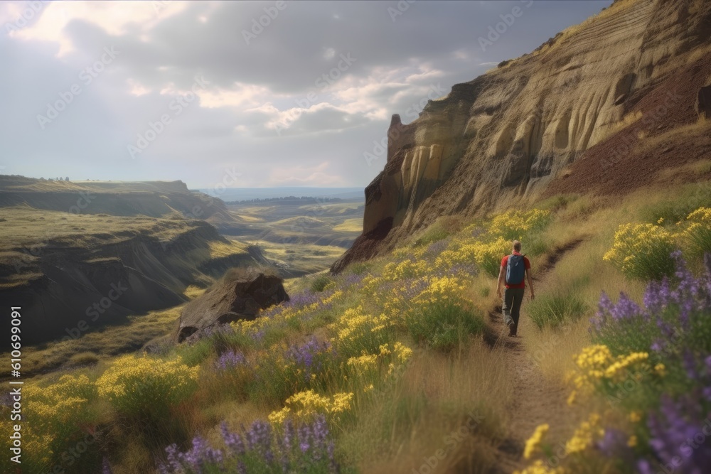 Adult Hiker Walking Through Wildflower Meadow Through Mountains on a Sunny Day Made with Generative AI