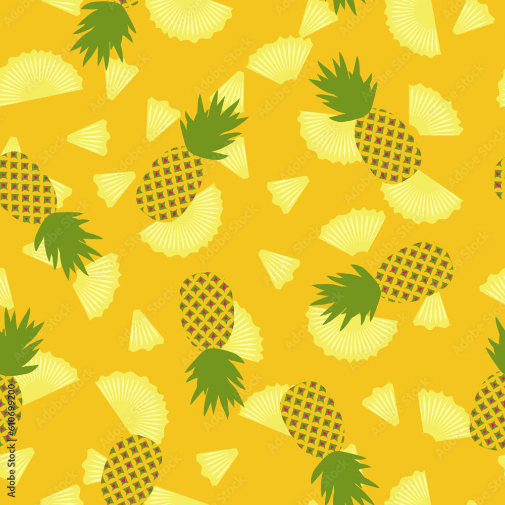 Vector botanical seamless pattern with tropical fruits. Exotic pineapples, ananas on yellow background Vector botanical seamless pattern with tropical fruits. Exotic pineapples, ananas on yellow background