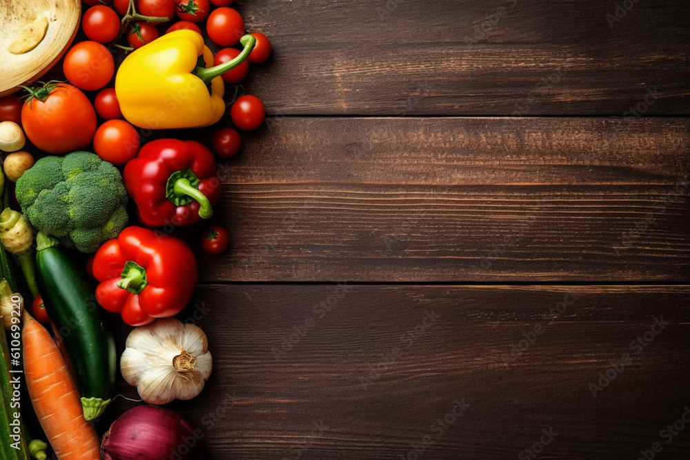 Vegetables on background top down view healthy eating. Generative AI Vegetables on background top down view healthy eating. Generative AI