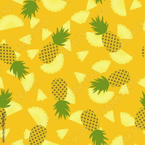 Vector botanical seamless pattern with tropical fruits. Exotic pineapples, ananas on yellow background
