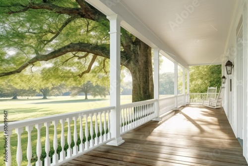 Beautiful sunny traditional family cottage exterior with white front porch with luscious greenery summer nature views Made with Generative Ai