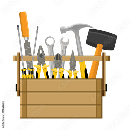 Wooden box with construction tools vector illustration. Isolated on white background