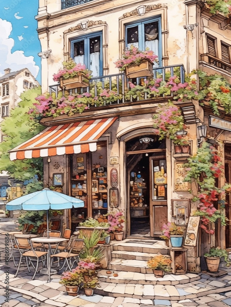 Watercolor illustration of a typical facade of a European street cafe. Decorated with colorful flowers. Customer chairs and tables with vintage designs in the outside space of the store.