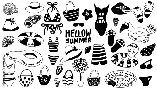 summer set of design elements in the style of doodle. Lettering hello Summer. Vector illustrations of swimming circles, swimsuits, flip-flops, hats and beach bags, seashells, ice cream