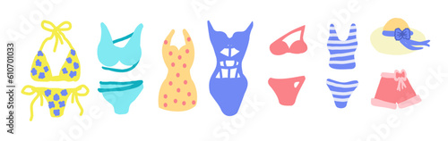 Vector set of swimwear in a flat cartoon doodle style.