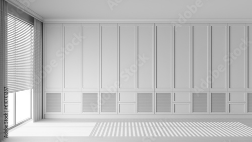 Total white project draft, interior walk-in closet, simple classic style. Window with blinds. Empty room design, wardrobe background with parquet wooden floor