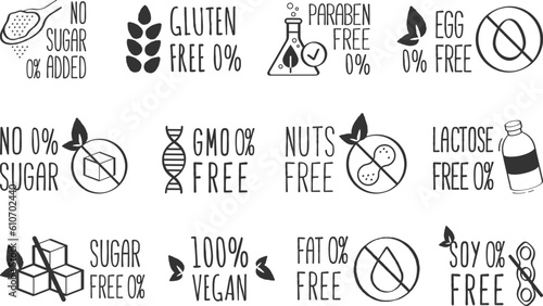 Vector stickers or tags for healthy food. Vector.