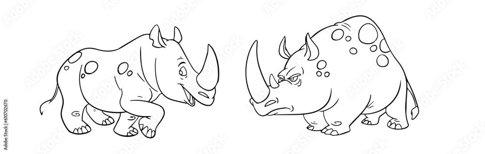 Coloring page with the image of cutes rhinoceros. Children's color draw book and activity game. Vector Rhino sheet icon. Coloring page with the image of cutes rhinoceros. Children's color draw book and activity game. Vector Rhino sheet icon.