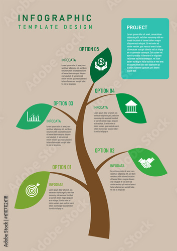 infographic template 5 options curved tree with green leaf icon in center Between the branches there is a letter in the upper right corner with a frame and white letters. brown background