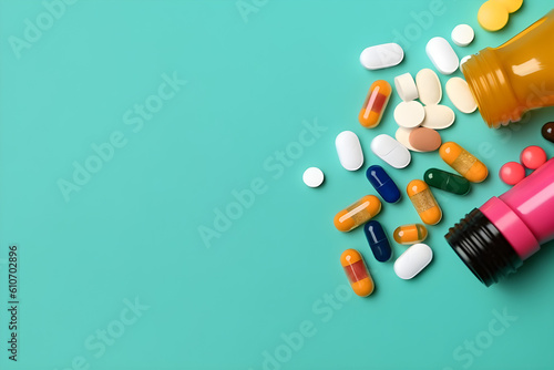  Bottles and scattered pills on a colored background, top view. text space 