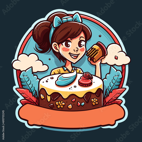 Smiling female confectioner holding a sweet cake. Street food from a stall. Cartoon vector illustration. label, sticker style