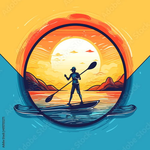 A man paddles a paddleboard at sunset. Summer holiday leisure activity on the water. Cartoon illustration. label, sticker, emblem